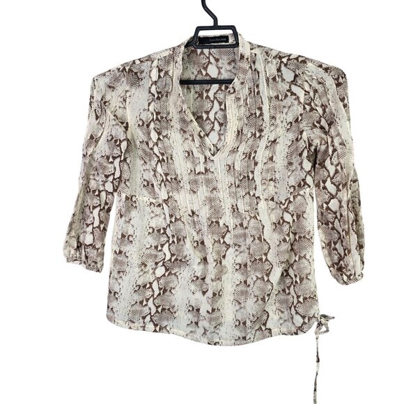 Womens Calvin Klein Jeans Brown & Beige Snake Print Blouse V-Neck 3/4 Sleeves S - Picture 1 of 7